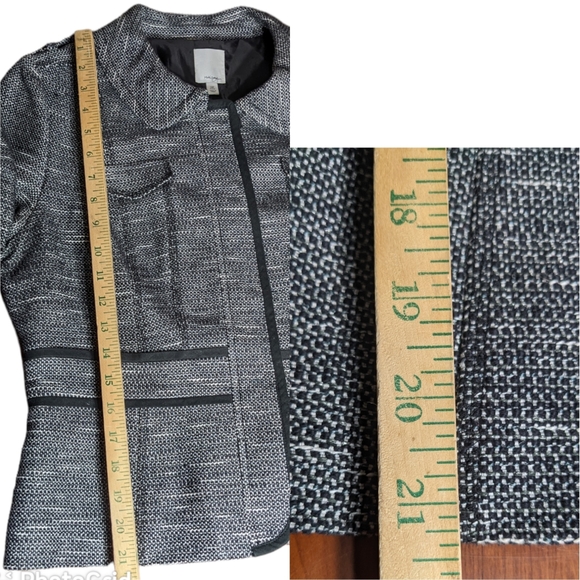 14P Black White Tweed Fitted Blazer 3/4 Sleeve Contrast Trim Abstract Stripe - Picture 6 of 13